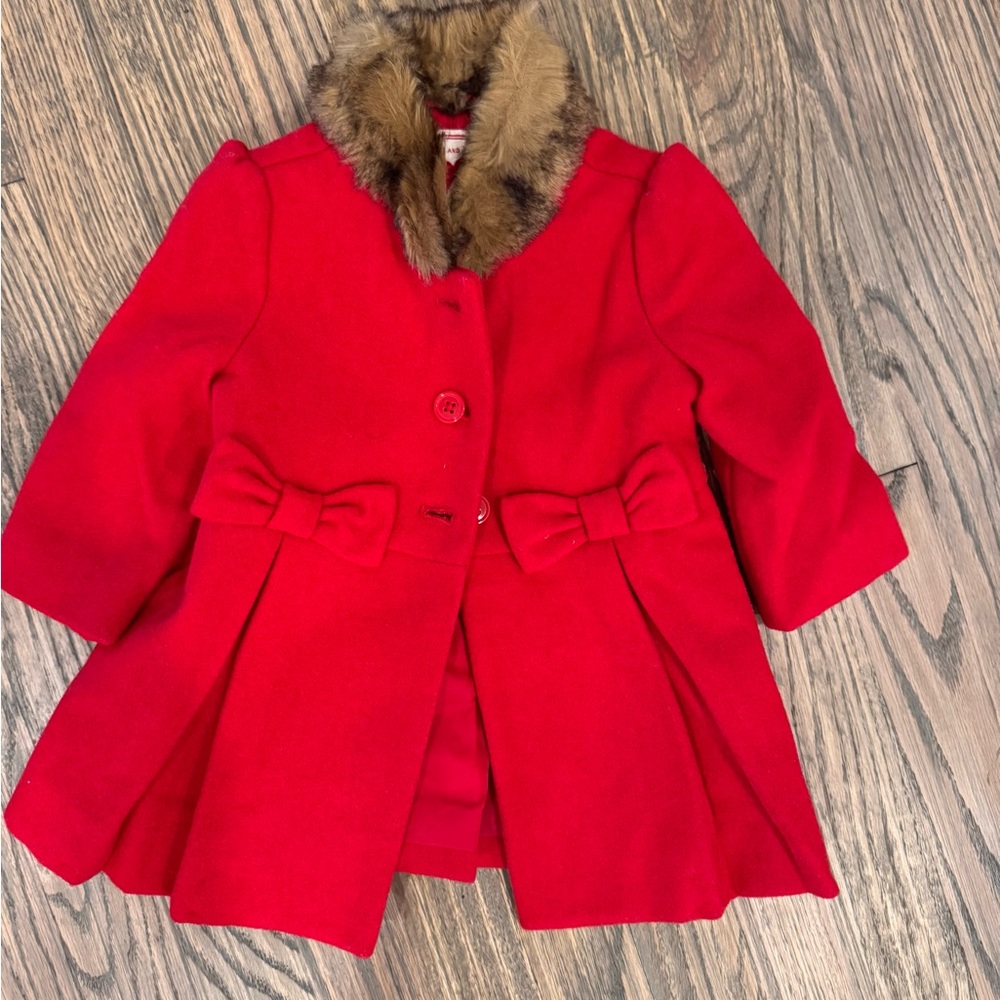 Janie and Jack Vibrant Red Pea Coat with Faux Fur Trim size 6-12 mo